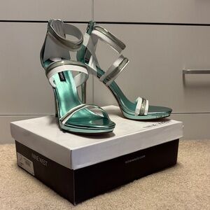 Nine West Metallic Silver and Teal Heels